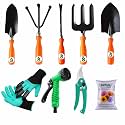 SIVON Gardening Tools Kit-9 Pcs (Fork, Cultivator, Big Trowel, Small Trowel, Weeder, Garden Gloves with Claws, Garden Pruner, Water Spray Gun, Flower Seeds Packet)