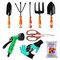 SIVON Gardening Tools Kit-9 Pcs (Fork, Cultivator, Big Trowel, Small Trowel, Weeder, Garden Gloves with Claws, Garden Scissor, Water Spray Gun, Flower Seeds Packet)