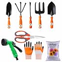SIVON Gardening Tools Kit-9 Pcs (Fork, Cultivator, Big Trowel, Small Trowel, Weeder, Garden Scissor, Gardening Gloves Orange, Water Spray Gun, Flower Seeds Packet) | Durable Gardening Tools