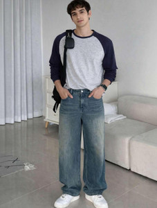 SIXTEENLINES Solid Men Round Neck Grey Blue