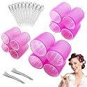 SIYAA Self Grip Hair Rollers Curlers 24 Pcs Set with 12Pcs Heatless Hair Rollers 3 Sizes (4 Jumbo, 4 Large &amp; 4 Medium) and 12 Pcs Hair Clips for Long Short Thick Fine Thin Hair Volume (pink