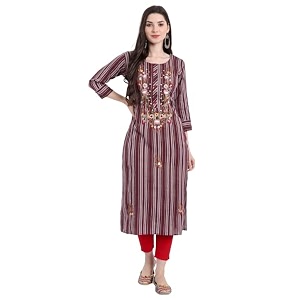 Siyanic Marron Khadi Striped Womens Cotton Kurta