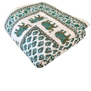 sj art amp crafts 410 tc organic pure cotton jaipuri rajai ac quilt rajasthani traditional comforter double bed size- king 90x108 inch flower border with elephent print green