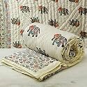 SJ Art &amp; Crafts 410 TC Cotton Double Bed Super Soft Quilt Reversible Light Weight for Summer and Winter Size- King 90X108 Inch (Flower Border with Elephent Print Jaipuri Quilt)