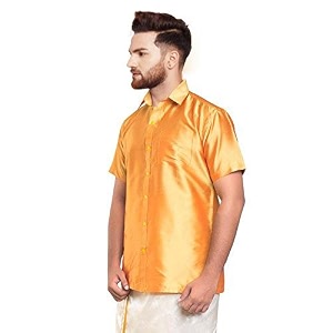 SJS-Mens Half Sleeve Solid Art Silk Shirt