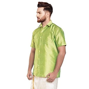 SJS-Mens Half Sleeve Solid Art Silk Shirt