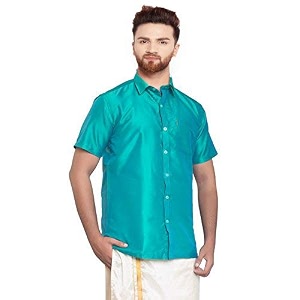 SJS-Mens Half Sleeve Solid Art Silk Shirt