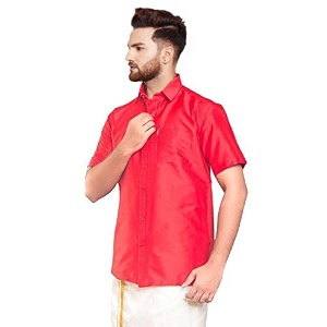 SJS-Mens Half Sleeve Solid Art Silk Shirt