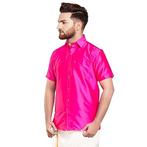 SJS-Mens Half Sleeve Solid Art Silk Shirt