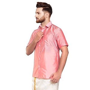 SJS-Mens Half Sleeve Solid Art Silk Shirt