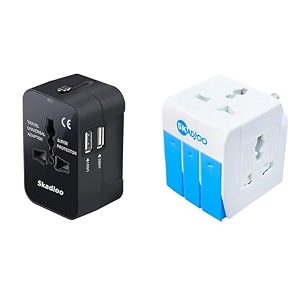 skadioo universal charger adapter  2 years warranty 240v 3-in-1  universal travel adapter all in one international travel adapter multi plug adapter 2 usb port - black white amp blue
