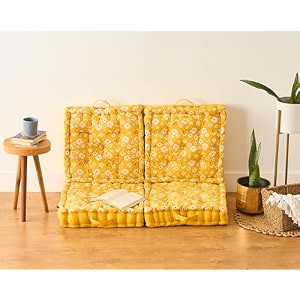 skanda fab premium printed floor cushion meditation floor pillow square large pillows for benchchair cushionliving roombalconyoutdoor daisy flower mustard yellow 50 x 50 x 10 cm pack of 4