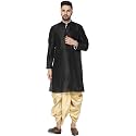 SKAVIJ Men's Art Silk Dhoti Kurta Traditional Ethnic Dress Set Black_L