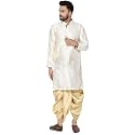 SKAVIJ Men's Art Silk Dhoti Kurta Traditional Ethnic Dress Set (Off-White, Medium)