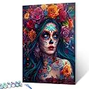 Skeleton Makeup Paint by Numbers Kits for Adult Day of The Dead Halloween Woman Painting Kits Sugar Skull Paint by Numbers Kits on Canvas Perfect for Gift Home Wall Decor Without Framed 16''W x 20''H