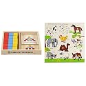 Skillofun Kid Wooden Cubes Pattern Box, Multi Color&amp; Wooden Kingsize Identification Tray Useful Animals with Knobs, Multi Color