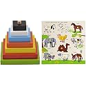 Skillofun Wooden Graded Square Tower, Multi Color&amp;Skillofun Wooden Kingsize Identification Tray Useful Animals with Knobs, Multi Color