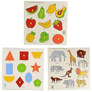 skillofun king size identification tray set - fruits large shapes and wild animals with knobs for kids set of 3 wooden toys