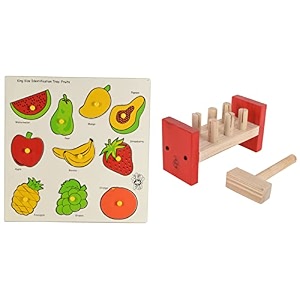 skillofun wooden king size identification tray fruits amp wooden hammer peg multi color