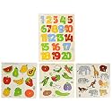 Skillofun Wooden King Size Identification Tray, Fruits+Identification Tray Vegetables with Knobs+SFS-44D Kingsize Identification Tray Wild Animals+1-20 Number Shape Tray with Knobs-(Set of 4Toys)