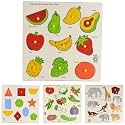 Skillofun Wooden King Size Identification Tray, Fruits+Wooden Large Shapes Tray+Identification Tray Vegetables with Knobs+SFS-44D Wooden Kingsize Identification Tray Wild Animals-(Set of 4Toys)