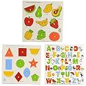 Skillofun Wooden King Size Identification Tray (Fruits) &amp; SF-10A Wooden Large Shapes Stray - Triangle, Multi Color &amp; Wooden Capital Alphabet Tray with Picture with Knobs, Multi Color