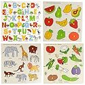 Skillofun Wooden King Size Identification Tray, Fruits+Identification Tray Vegetables Knobs+SFS-44D Kingsize Identification Tray Wild Animals+Capital Alphabet Tray Picture Knobs-(Set of 4Toys)