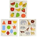 Skillofun King Size Identification Tray Set - Fruits, Large Shapes, and Wild Animals With Knobs for Kids (Set of 3 Wooden Toys)