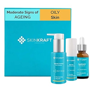 skinkraft moderate signs of ageing facial kit for oily skin - customized skincare kit - cleanser  moisturizer  moderate ageing serum - for women amp men - dermatologist recommended pack of 3