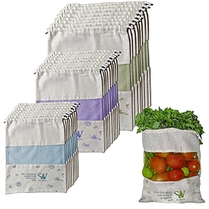 set of 24 organic cotton reusable vegetable drawstring bag for fridge eco friendly storage bags 10 x 13 inch perfect for fruits vegetables pulses amp grocery items multipurpose 3 colors