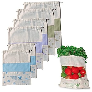 set of 6 organic cotton reusable vegetable bag for fridge eco friendly storage bags 10 x 13 inch perfect for fruits vegetables pulses and grocery items multipurpose3 colors
