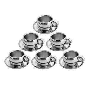 skitch stainless steel chai cup with plate unbreakable cups 125ml each for tea chai coffee cups mugs with saucer set of 6