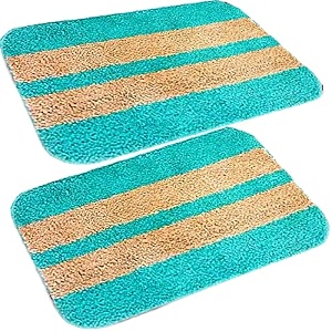 skive india set of 2 piece mats with anti skid rubber backingcolour aqua with gold stripsize40 x 60 cm set of 2 piece