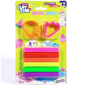 skoodle clay star neon rush 6 multicolor neon clay sticks  2 moulds 100gm for 3 years non-toxic gift for kids