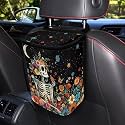Skull Colorful Flowers Starry Night Pattern Car Trash Can Leakproof Garbage Bag with Lid and Zipper 1.2Gal Trash Bin Hanging for Back Seat Halloween Car Decor