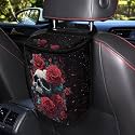 Skull Red Roses Pattern Car Trash Can with Lid and Zipper Portable Foldable Trash Bin for Car Interior Accessories Multipurpose Garbage Can Bags Storage Organizer Halloween Decor