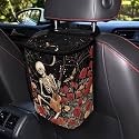 Skull Vintage Roses Pattern Car Trash Can with Lid and Zipper Portable Foldable Trash Bin for Car Interior Accessories Multipurpose Garbage Can Bags Storage Organizer Halloween Decor