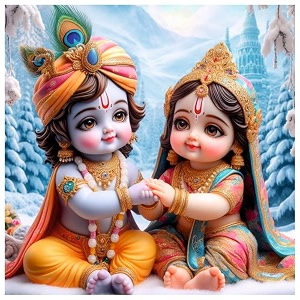 sky flying baby krishna feather and cute radha wall poster for living room kids room office size - 41cm x 41cm