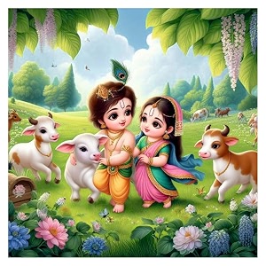 sky flying vinyl baby krishna with radha and little cows wall poster for living room kids room office size - 41cm x 41cm-self-adhesive
