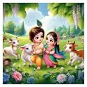 Sky Flying Vinyl Baby Krishna With Radha And Little Cows Wall Poster For Living Room, Kids Room, Office (Size - 41Cm X 41Cm)-Self-Adhesive