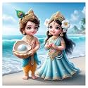 Little Radha Flower And Krishna Feather Skyblue Wall Poster For Living Room, Kids Room, Office (Size - 41Cm X 41Cm)
