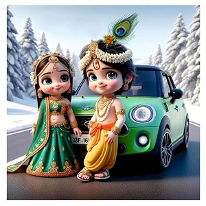 little radha krishna and green car wall poster for living room kids room office size - 41cm x 41cm