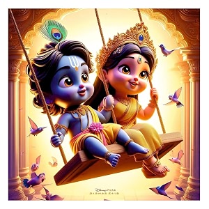 little radha krishna jhula swing wall poster for living room kids room office size - 41cm x 41cm