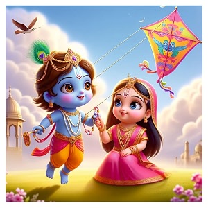 little radha with krishna kite flying wall poster for living room kids room office size - 41cm x 41cm