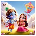 Little Radha With Krishna Kite Flying Wall Poster For Living Room, Kids Room, Office (Size - 41Cm X 41Cm)