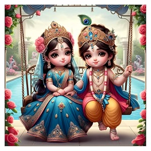 sky flying lord krishna with radha and jhula wall poster for living room kids room office size - 41cm x 41cm