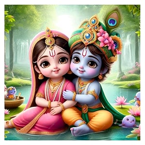 sky flying lord little blue krishna flower mukhut and radha wall poster for living room kids room office size - 41cm x 41cm vinyl-self-adhesive