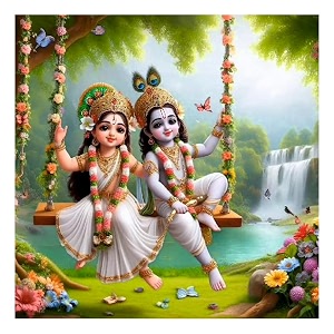sky flying lord radha and krishna white jula wall poster for living room kids room office size - 41cm x 41cm