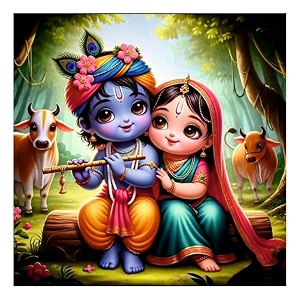 smiley krishna and radha lord wall poster for living room kids room office size - 41cm x 41cm