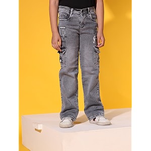 Sky Heights Boys Solid Cargo Jeans Mid